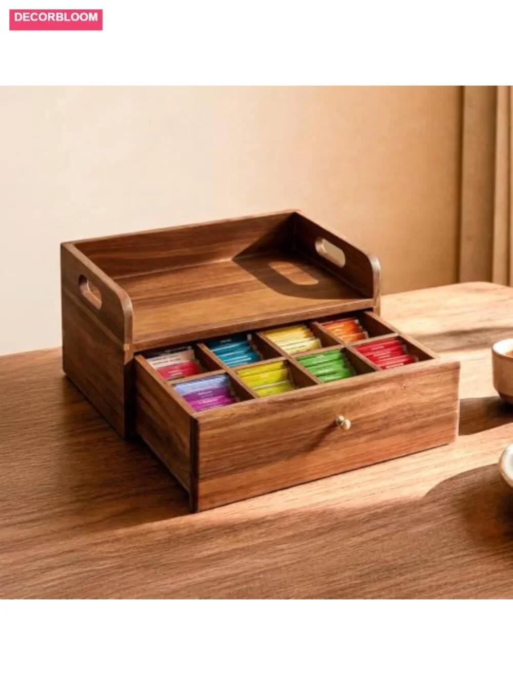Acacia Wood Tea Bag Organizer with Drawer - 8 Compartments Storage Box
